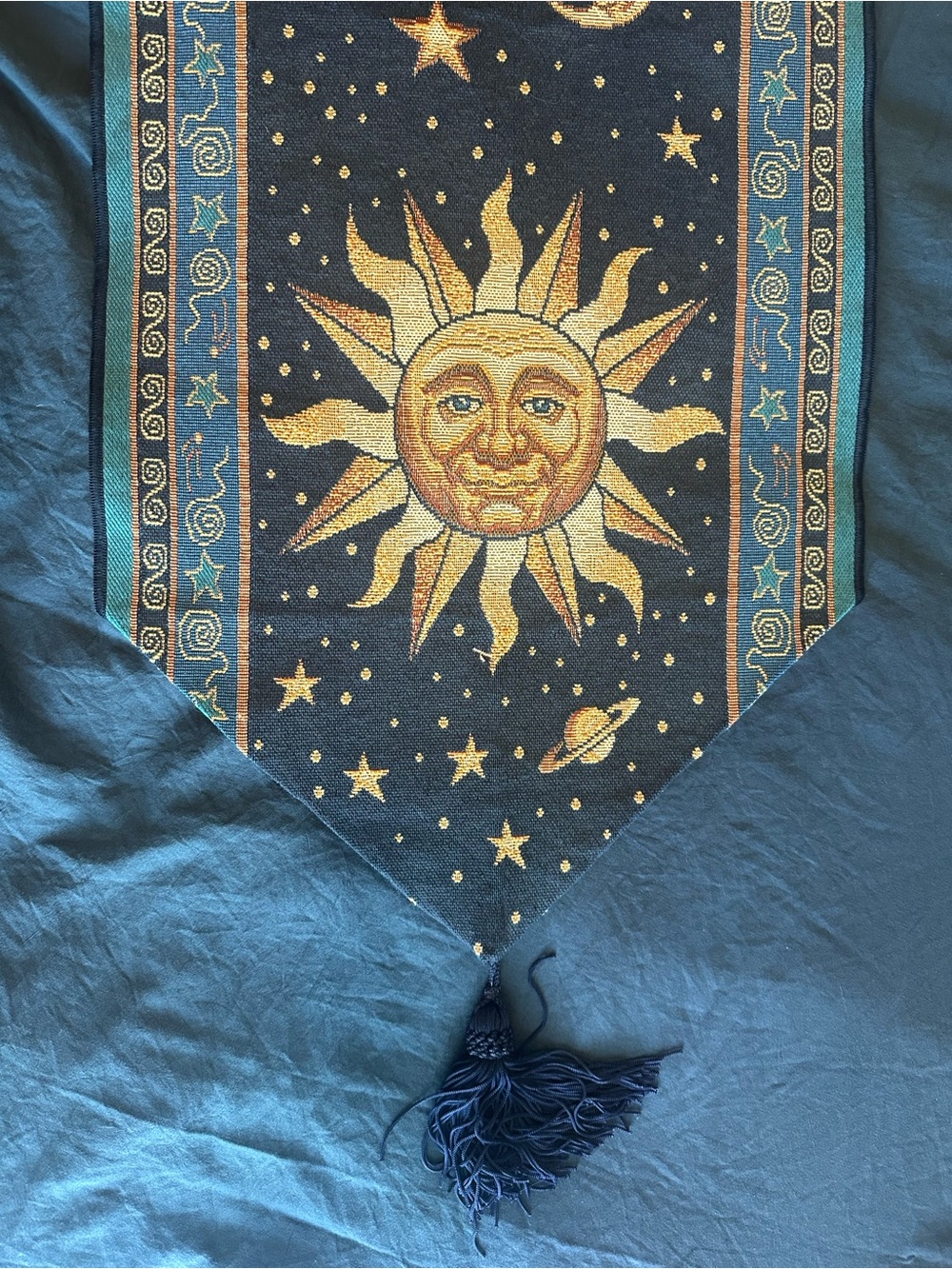 Vintage 90โs Sun and Moon Table Runner 70โx13โ - Navy and Gold/Yellow - Picture 6 of 8